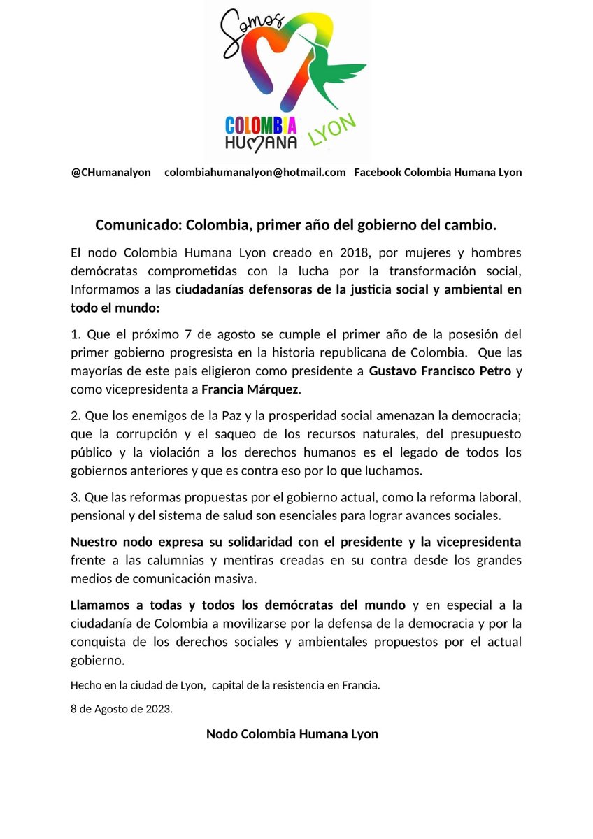 CHumanalyon's tweet photo. #Colombiaprimerañodelgobiernodelcambio https://t.co/RTghVlH8HN