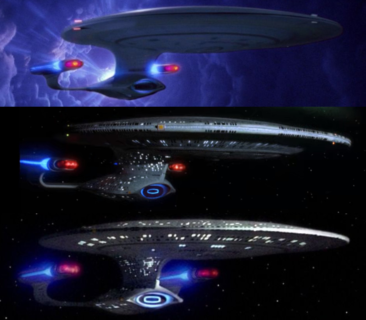 Here are three similar shots of the USS Enterprise-D, using the 2-foot model ("Time Squared"⬆️), 4-foot model ("The Best of Both Worlds I"➡️) and 6-foot model ("The Big Goodbye"⬇️).