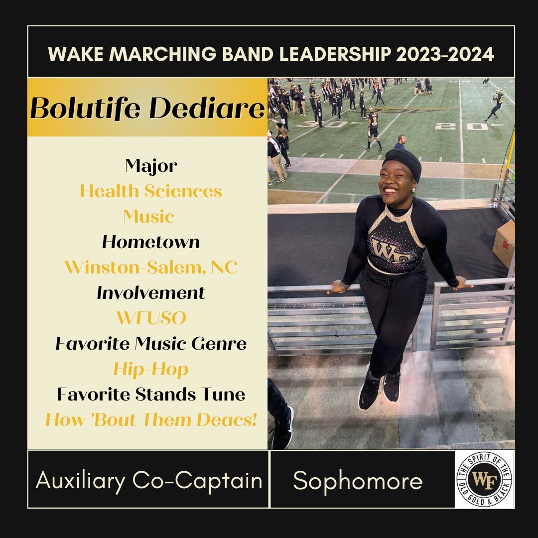 SOTOGAB's tweet photo. Meet our Auxiliary Co-Captain, Bolutife Dediare! You may hear Bolutife introduced by her nickname 'B' or 'Blue', and will see her with the color guard on the field this fall!
#SOTOGAB #GoDeacs #wakeforestuniversity #marchingband #auxiliary #colorguard #ACCBands https://t.co/c4NAo0mmLb