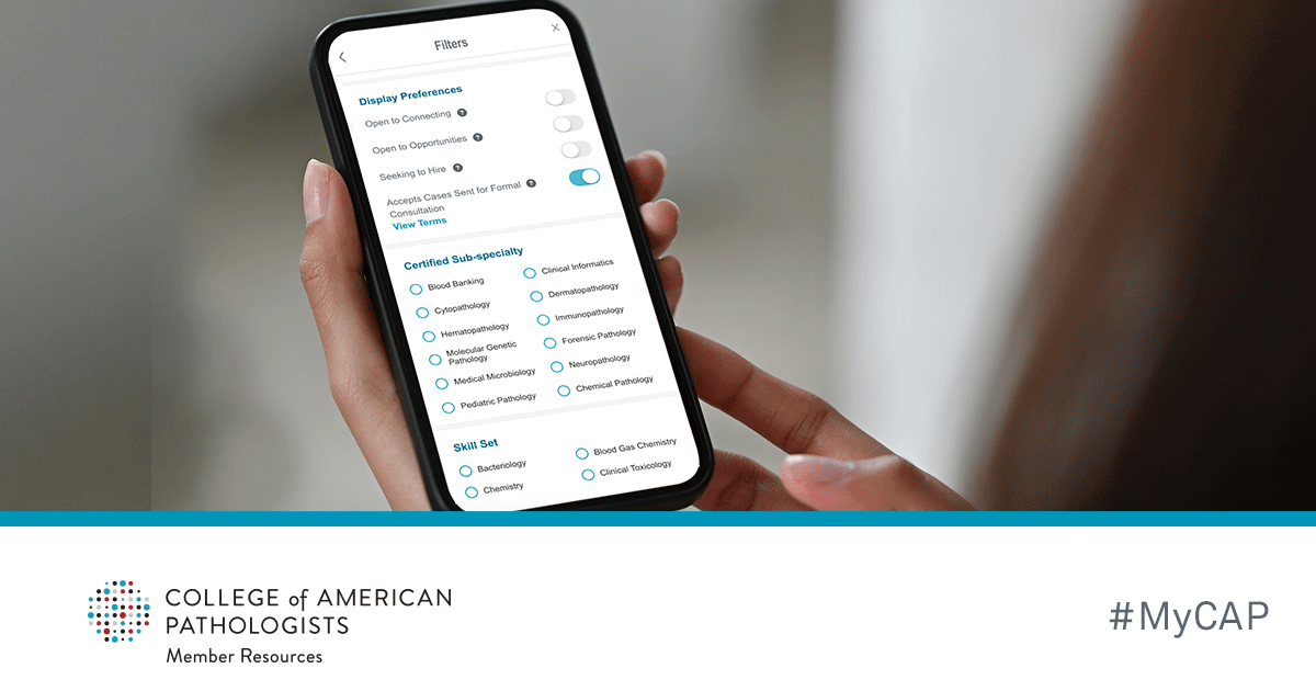 Pathologists's tweet photo. New in #MyCAP: Find members who are willing to help, or add a flag to your own member profile indicating you are willing to accept cases for formal consultations. 

Download MyCAP: https://t.co/JaLLdGA1Xr https://t.co/OSe1XeMzT4
