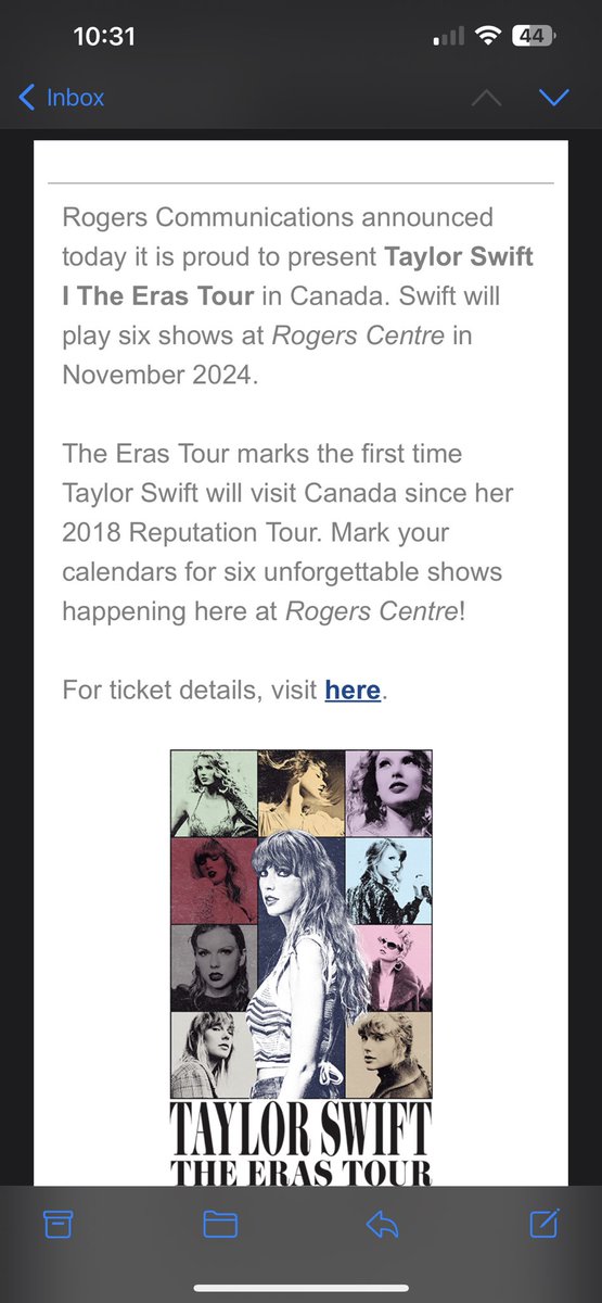 GusF's tweet photo. For all you Canadian Swifties - she’s coming to Canada with 6 nights at the Roger’s Centre - Nov 14, 15, 16, 21, 22, 23, 2024. https://t.co/H6aMZ8RdQn