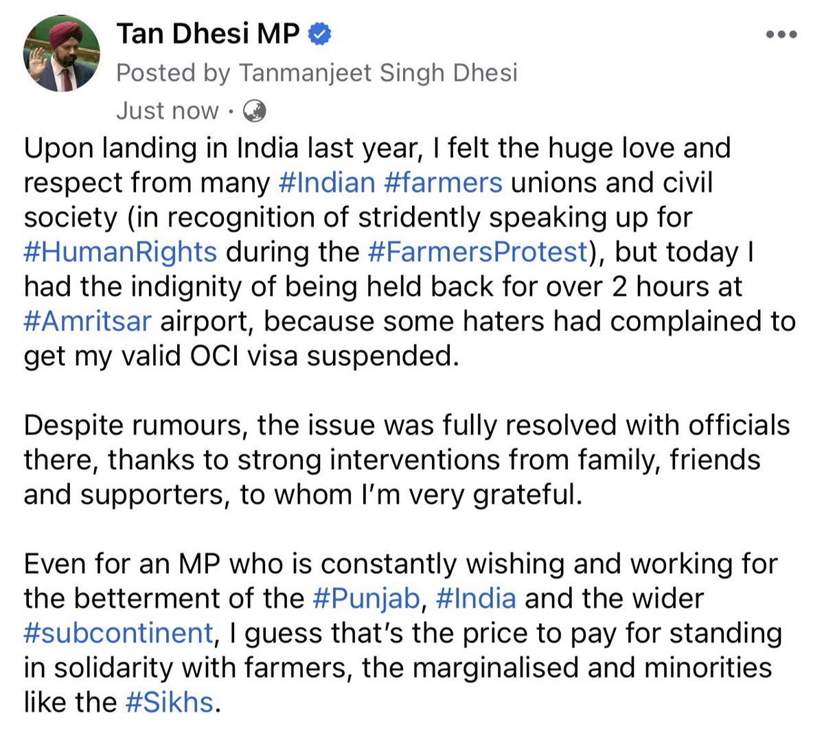 Last year in #India I felt the love for speaking up on #FarmersProtest #HumanRights, but today was held back at #Amritsar airport, as haters had called to cancel my visa. Guess it’s the price to pay for standing up for farmers, the marginalised and minorities like the #Sikhs.