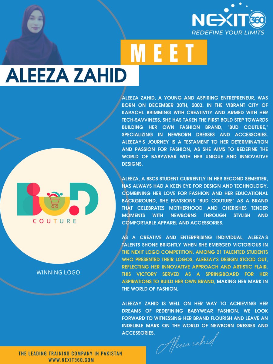 nexit360's tweet photo. "Meet Aleeza Zahid And Join Us In Applauding Her Remarkable Achievement And Wishing Her The Very Best For Her Future Undertakings."

#Nexit360 #Logocompetition #Batch3 #LogoCompetitionWinners #TopRatedLogos #DesignExcellence #LogoContestSuccess #CreativityRecognized https://t.co/QX858u7im4