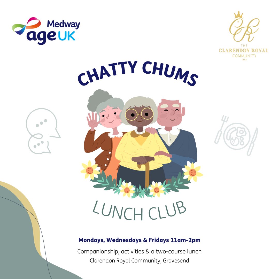 Have you heard about our Chatty Chums Lunch Club for over 55s? 💬🍽 

Join us on Mon, Weds and Fri at the Clarendon Royal Community for companionship, fun activities and a two-course lunch, all for the price of £8. 

To book: 📞 01634 572616 📧 enquiries@ageukmedway.org.uk