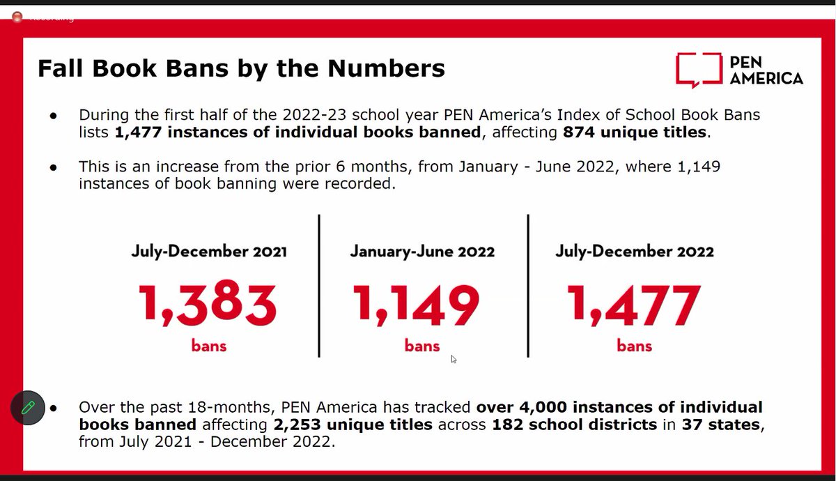 awakenlibrarian's tweet photo. @PENamerica is giving the latest data onn #bookbans for the #BossLibrarianPD2023. Make sure you tune in now, or later on with the video recordings once the conference is over. #EdScare is happening across the country. #SchoolLibrarians this is what we're facing. https://t.co/hldQh6JPb0