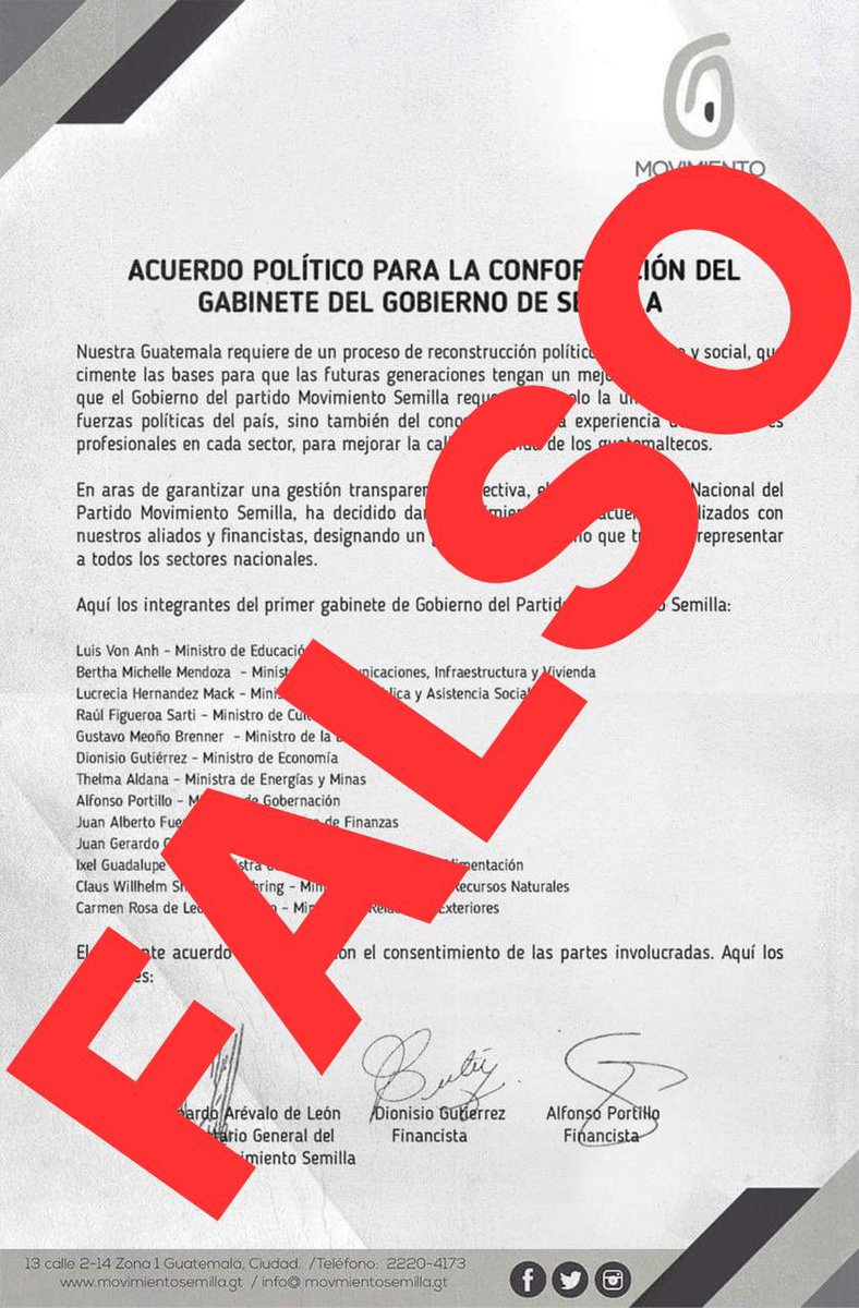 msemillagt's tweet photo. A la sociedad guatemalteca en general, informamos que este documento que circula vía @WhatsApp  es falso. Reiteramos que el único órgano oficial de información son las redes del partido. @msemillagt y la cuentas @BArevalodeLeon @KarinHerreraVP  
#CambioYFuturo ✨🇬🇹 https://t.co/Ar3lNA43bj