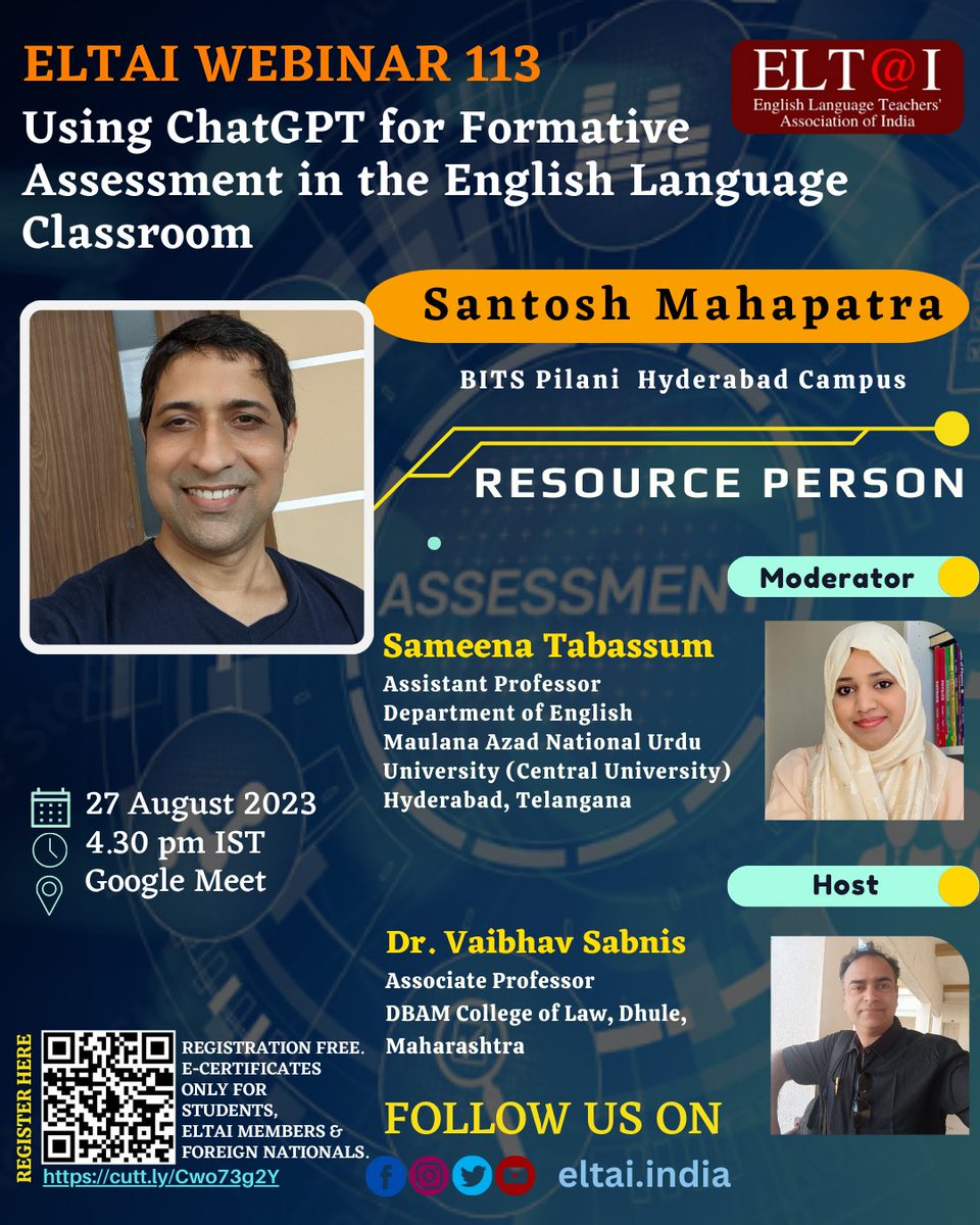 ELTAI Webinar Alert!
Register for the most engaging session on Using Chat GPT for Formative Assessment in the English Language Classroom on 27th August 2023

Click here to Register:
forms.gle/9kFE6JgGmK5DsF…
#webinars #webinarsession #eltaiwebinarseries #eltai