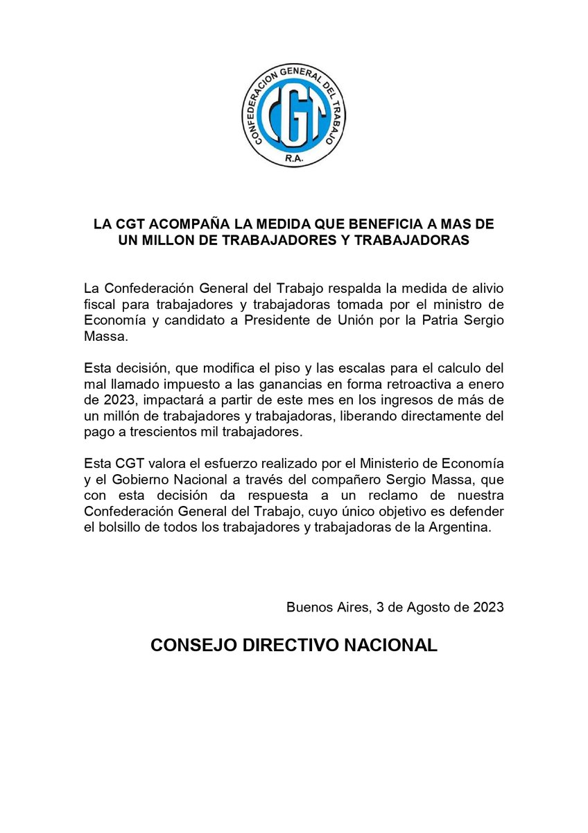 hectordaer's tweet photo. Desde la #CGT celebramos la decisión política del compañero @SergioMassa  que toma medidas en favor de los trabajadorxs y para seguir cuidando el bolsillo de nuestrxs compañerxs. Estas medidas marcan el camino de la política del pre candidato a presidente de @unionxlapatria , desde la CGT estamos convencidos de que será el presidente de todxs lxs trabajadorxs.