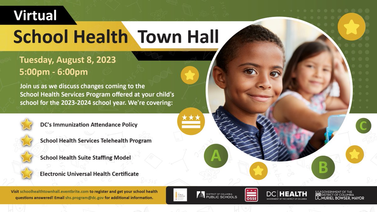 _DCHealth's tweet photo. Join DC Health on Tuesday, August 8, 2023, from 5:00 p.m. - 6:00 p.m., for a Virtual School Health Townhall.  Learn about changes coming to the School Health Services Program offered at your child's school. Register here: https://t.co/AaFxhlNuiB https://t.co/N4Pz3ertCg