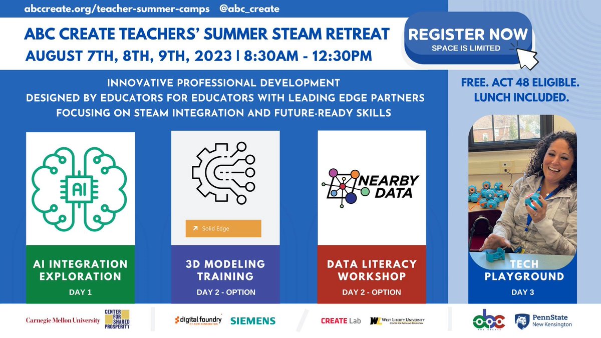 Find your people at our 3-day (4 hours/day) FREE in-person PD. abccreate.org/teacher-summer… AI, Data, 3D Modeling. Canva. Tech Playground. Leading Edge Partners. Ts will explore ed tech+STEAM integration+future-ready. Ts from K-12. No experience needed. Registration closes 8/4/23!