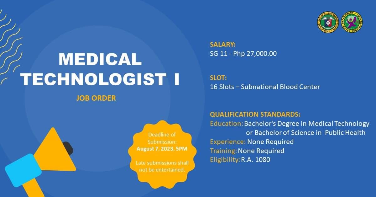 doownds's tweet photo. The Sub-National Blood Center for Mindanao is currently looking for 16 Medical Technologists I!

Send your applications to: snbcmroxi@gmail.com https://t.co/wBSg8VlAwH