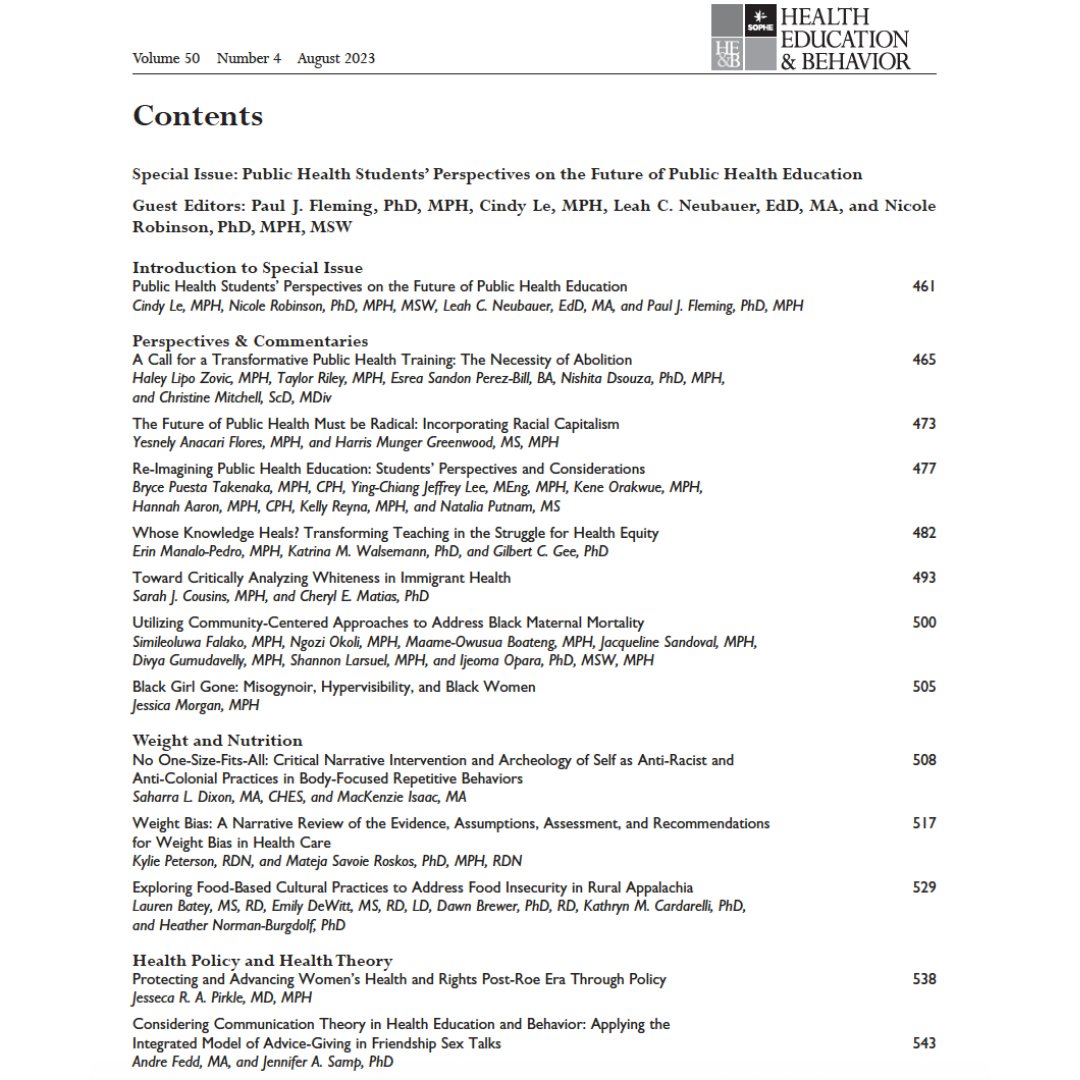 Our August issue is live! Check out this month's special issue, "Public Health Students’ Perspectives on the Future of Public Health Education." journals.sagepub.com/toc/HEB/current  
#publichealth #perspectives