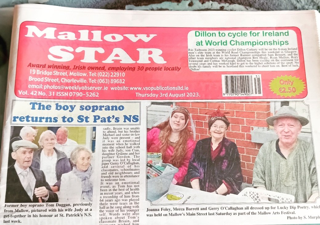 On the #frontpage of the #mallowstar this week, dressed up as part of #mallowartsfestival for #luckydip #poetry, which was really successful! #WritingLife #WritingCommunity #irishwriter #writer #poet #costume #festival #fun #literary #arts #WritingCommunity #writing #poetry