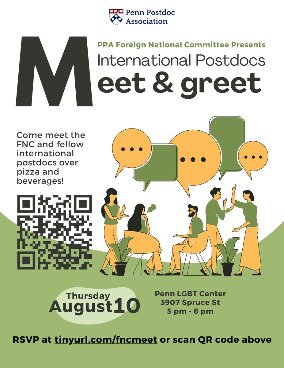#InternationalPostdocs are invited to the Meet and Greet event held by the Foreign National Committee (FNC) on August 10th at the LGBT center! Come socialize and hear about FNC's upcoming plans! Pizza and drink are provided! Be sure to register at tinyurl.com/fncmeet