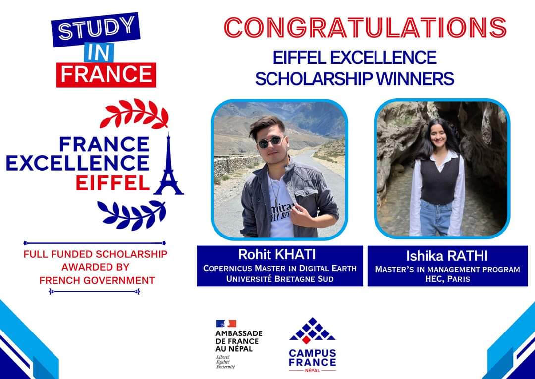 🎊🎊Huge Congratulations to Rohit and Ishika for winning the Eiffel Excellence Scholarship 2023! 🎊🎊

💢They'll be studying in different places—Ishika at HEC Paris for a master's in management and Rohit at Université Bretagne Sud for a Copernicus Master in Digital Earth.