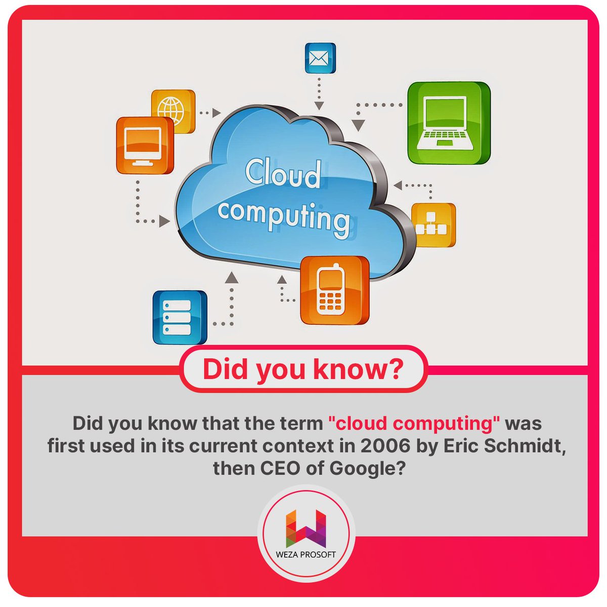 WezaProsoft's tweet photo. ☁️ Fun Tech Fact: The term "cloud computing" found its modern wings in 2006, coined by Eric Schmidt, Google's CEO at the time!
Explore how this groundbreaking concept has transformed the way we harness the power of technology
#TechHistory #CloudComputing #ThrowbackThursday #Cloud https://t.co/yLCdIUnR7E