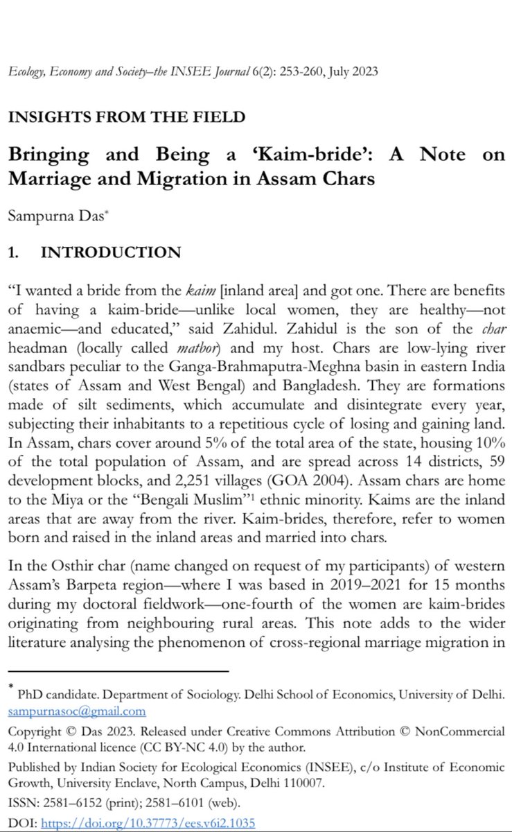 🚨 New publication_special issue on #PoliticalEcology for INSEE. I wrote on #MarriageMigration in Assam #chars, focusing on norms of #social status, #conjugality, and #gender relations which organises lives in these shifting riverine ecologies.