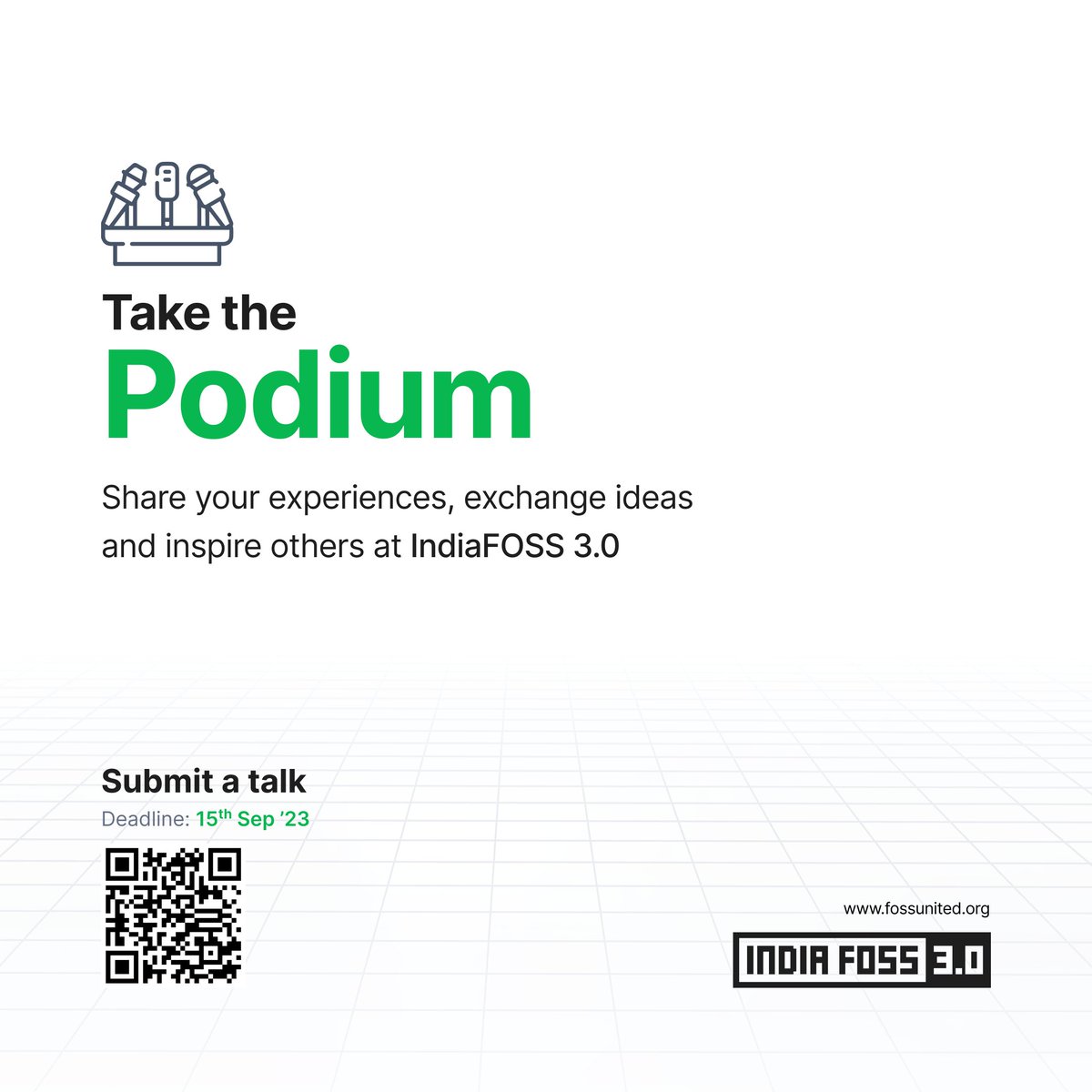 FOSSUnited's tweet photo. Inviting speakers for IndiaFOSS 3.0! 🚀

It's time to shine and pass on your stories and ideas to our vibrant community. Your voice can truly make a difference. 💬

Submit your proposals now > https://t.co/CLNnr8eGyP

📍Deadline: 15th Sep '23

#UnitedByFOSS https://t.co/8dNrgMTE6h