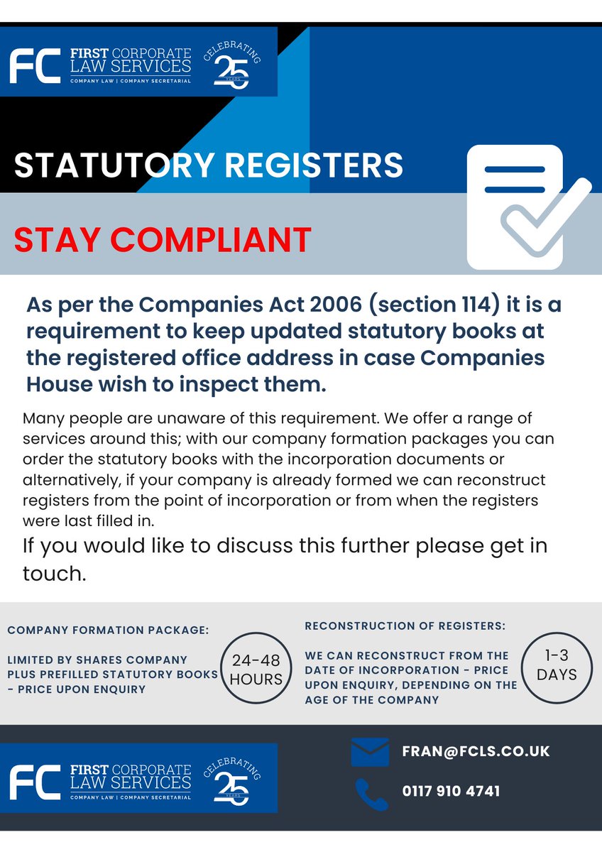 fclsgroup's tweet photo. Did you know it is a requirement to keep up-to-date statutory books? We can help!

#corporatelaw #corporateadvisory #corporatelawadvise #companieshouse #companiesact #compliancematters #companyregisters #ukcompany #ukcompanyformation #scottishcompany #welshcompany https://t.co/34ZgOeGIMm