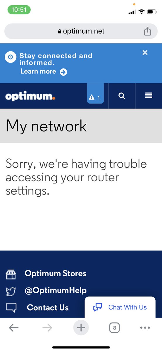 Jordanfenster's tweet photo. @OptimumHelp why can I not access my router settings. I have called support 15 times. I have the below error for weeks. https://t.co/W9bjtYvQ8f