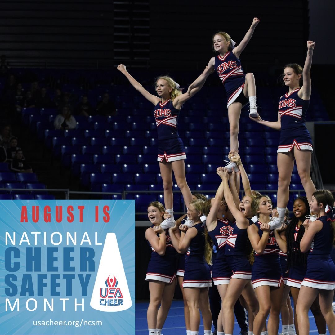 TSSAA's tweet photo. August is National Cheer Safety Month! Visit https://t.co/dW2RC0LWk3 for cheer safety education and resources and to take the "I Cheer Safe" pledge. #cheersafetymonth #cheersafe @usacheer https://t.co/Oks2PeTmCx