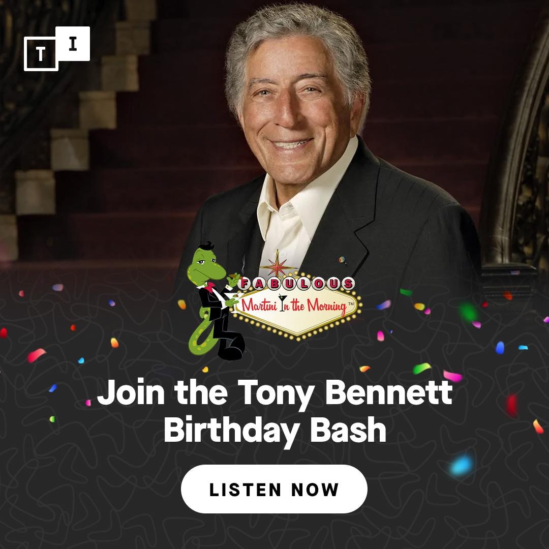 Today would've been #TonyBennett's 97th #birthday. Join us for "Tony Bennett Twin Spins" each hr to Midnight PT. Listen for FREE on <a href="/tunein/">TuneIn</a> Radio in USA listen.TuneIn.com/martiniinthemo…
If outside the USA go to MartiniInTheMorning.com -  "Login &amp; Listen" Username: TonyBennett Password: 97
