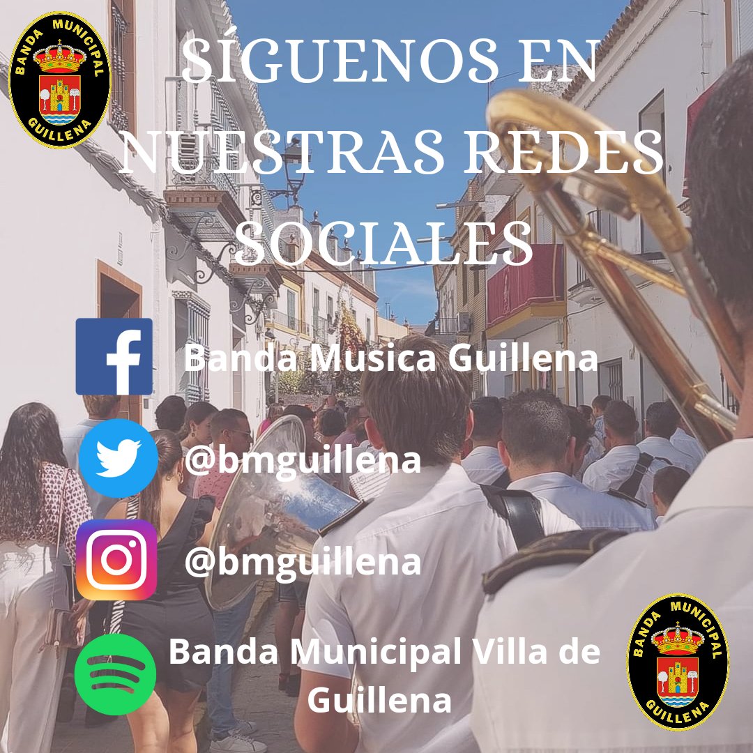 bmguillena's tweet photo. 🔵 SÍGUENOS EN NUESTRAS REDES SOCIALES 🔵
#GuillenaesMúsica 
#BandaMunicipalVilladeGuillena
🎵🥁🎺🎼🎶🎷📯🎵 https://t.co/YMhtO0aHhN