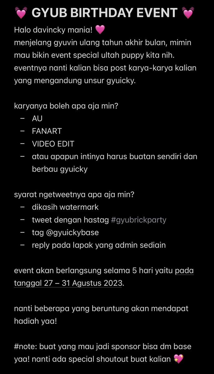 gyuickybase's tweet photo. ‼️ BRICK SPECIAL ANNOUNCEMENT  ‼️

Gyub special birthday event! ketentuan bisa langsung dibaca pada foto tertera. kalau ada pertanyaan bisa langsung tanya di dm yaaa 💕 

https://t.co/WvJOioh3yO https://t.co/zoLdajvtYX