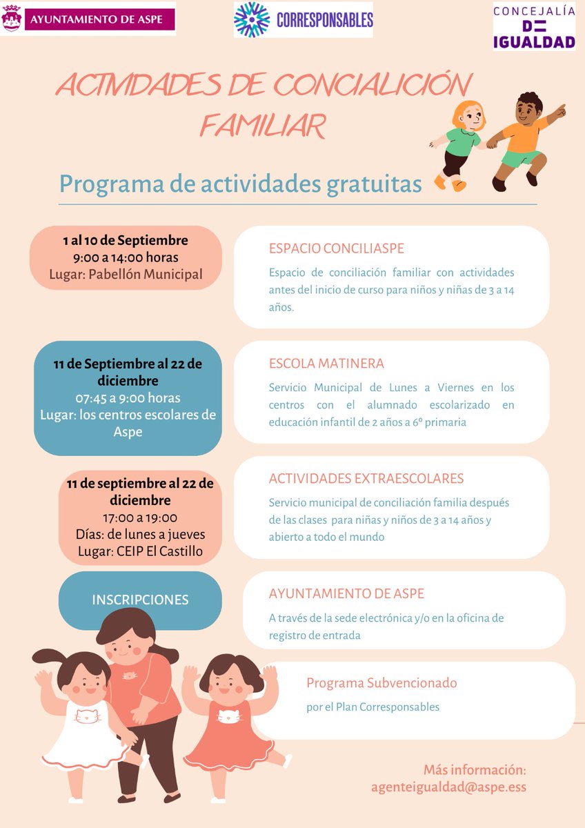 🗞️📰 Educación | El Ayuntamiento amplía la escuela de verano y extraescolares en Septiembre para facilitar conciliación de padres y madres

ℹ️ Más info: aspe.es/el-ayuntamient…
