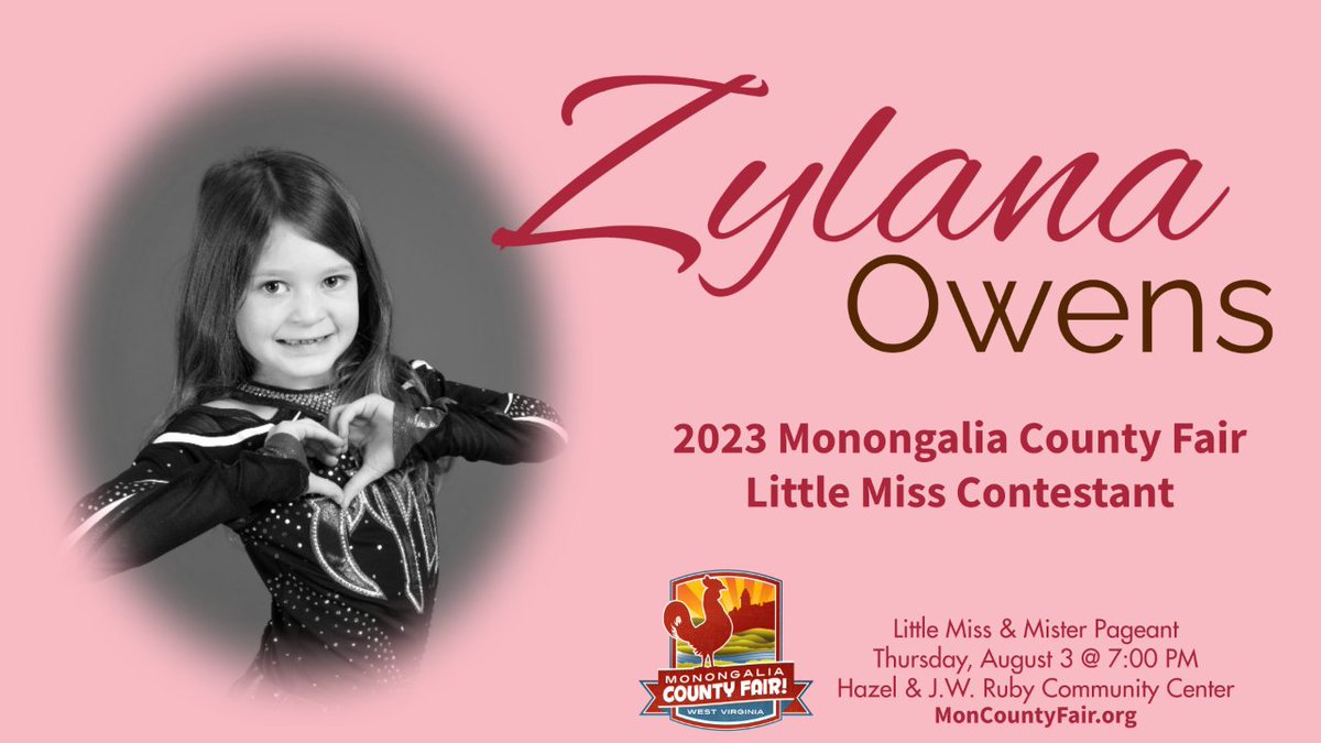 MonCountyFairWV's tweet photo. Meet ZYLANA OWENS, one of the 14 young ladies who will compete tonight at 7:00 PM for the 2023 Monongalia County Fair Little Mister title. See the all pageant contestants at https://t.co/gLCsD5X5Zg #moncountyfair #moncounty #morgantown https://t.co/iJZKXqDVz7