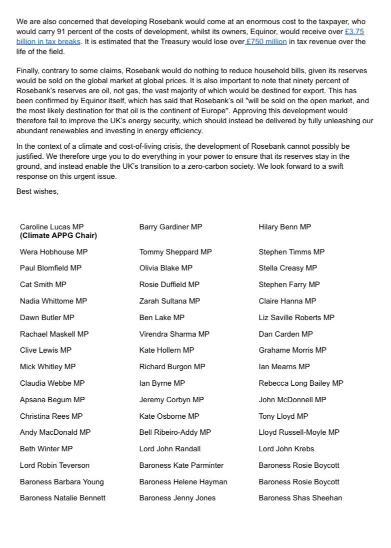 Caroline Lucas (@carolinelucas) on Twitter photo 🚨NEW: #Rosebank oil field won’t improve energy security or cut bills – but it will shatter our climate commitments & demolish global leadership. If Govt doesn't block Rosebank, it's complicit in this climate crime.
Our cross-party <a href="/ClimateAPPG/">The Climate APPG</a> letter👇
bbc.co.uk/news/uk-politi… 🚨NEW: #Rosebank oil field won’t improve energy security or cut bills – but it will shatter our climate commitments & demolish global leadership. If Govt doesn't block Rosebank, it's complicit in this climate crime.
Our cross-party <a href="/ClimateAPPG/">The Climate APPG</a> letter👇
bbc.co.uk/news/uk-politi…