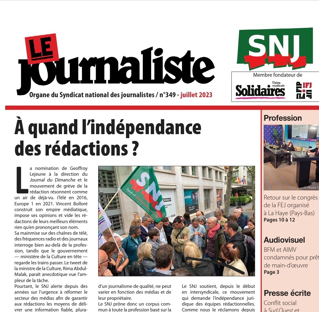 SNJ_national's tweet photo. A la question posée en Une du Journaliste, le trimestriel du SNJ, les solutions ne manquent pas : statut juridique des rédactions, droit d'opposition collectif, refonte des seuils anti-concentration et conditionnalité des aides publiques 

ÇA URGE ! ⌛️ 
https://t.co/ZBAVwZdWS6 https://t.co/0PhusS1BHh