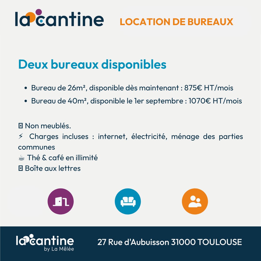 📣 Location de bureaux Deux bureaux sont disponibles à La Cantine by La Mêlée (27 Rue d'Aubuisson) ! Toutes les informations ci-dessous 👇🏼 Intéressé ? Contactez-nous sur cantine@lamelee.com