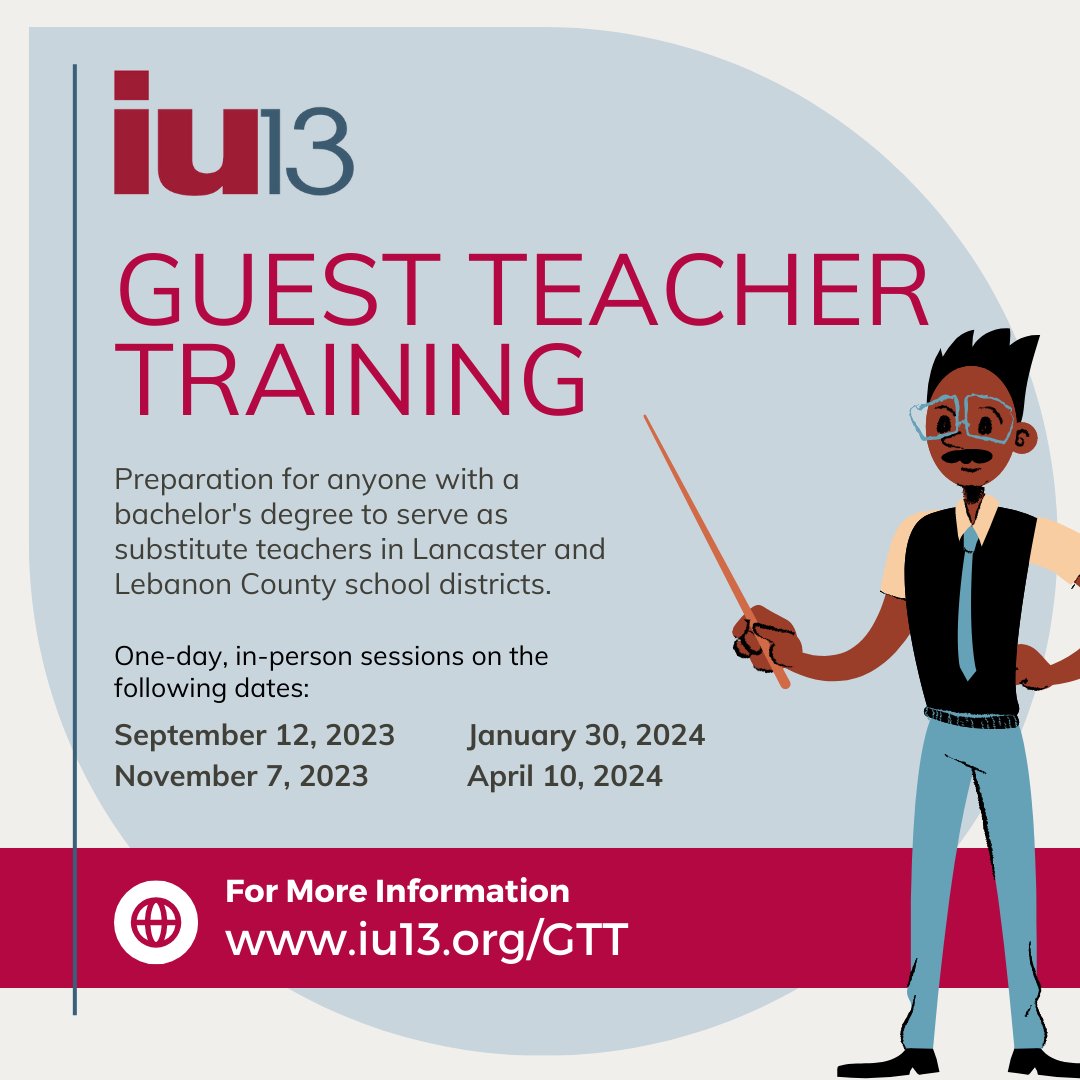 IU13's tweet image. Do you have a bachelor’s degree in any major &amp;amp; are seeking work with a flexible schedule? If so, consider becoming a substitute teacher! IU13 provides guest teacher training for IU13 or any participating Lancaster or Lebanon Co. school district.
More info: hubs.li/Q01ZDf180