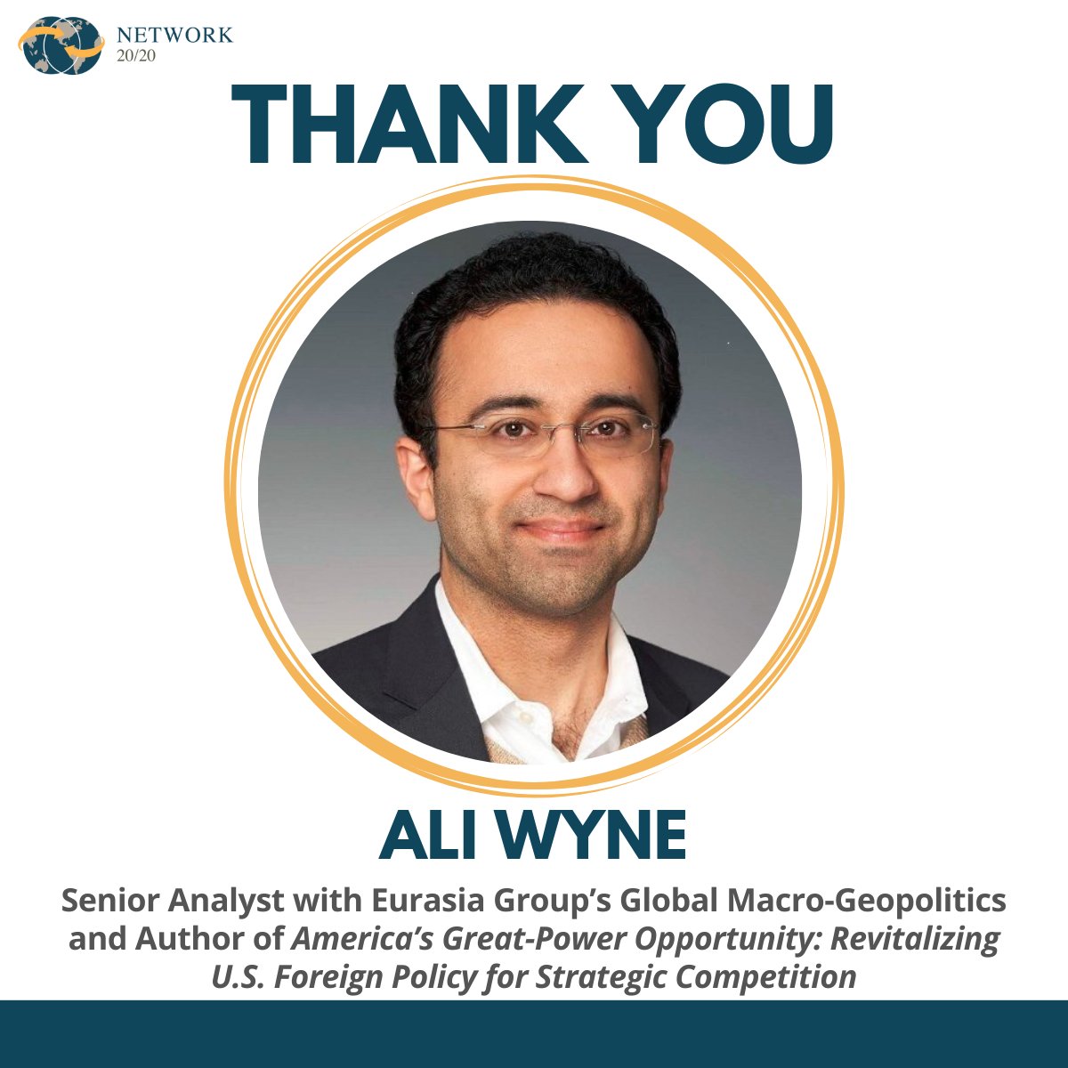 Network2020's tweet photo. #thankyou @Ali_Wyne from @EurasiaGroup & Author of “#America’s Great-Power Opportunity” for a #discussion on the #competition between the #US, #China, & #Russia to #foreignpolicy & how the U.S. can utilize its position to shape the international order.
#network2020 https://t.co/7QBvBydwlg