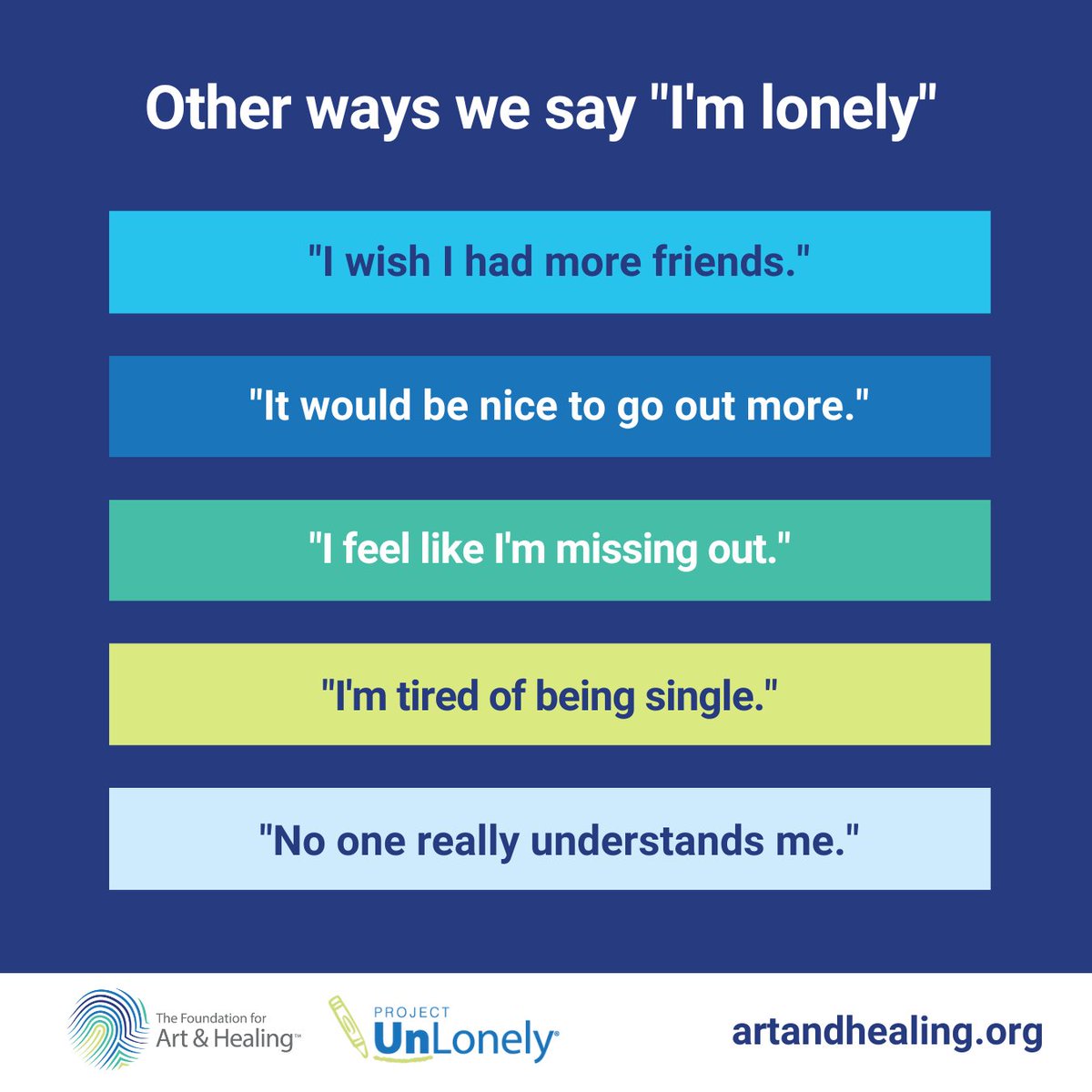BeUnLonely's tweet photo. #Loneliness is common, but it can be hard to talk about. We may use roundabout phrases instead of talking about it directly. #CreativeExpression can help us learn more about our loneliness & better connect with ourselves. Learn more about #ProjectUnLonely: https://t.co/NpauLFPM05 https://t.co/qFKA9dIgJd