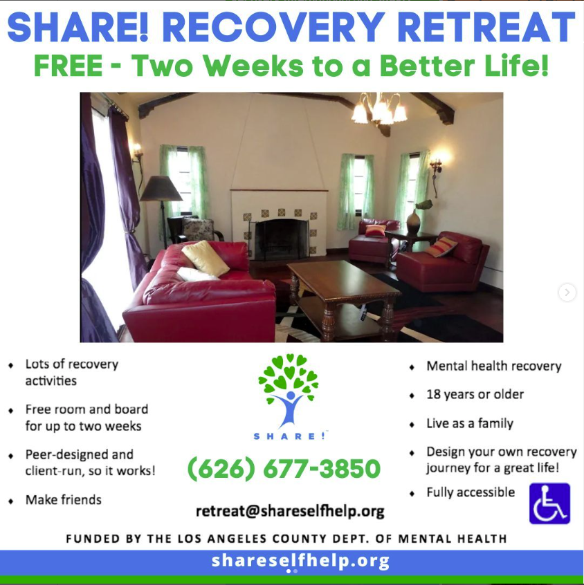 shareselfhelp's tweet photo. Free SHARE! Recovery Retreat -- two weeks to a better life! More ➡️ https://t.co/2ieajm8uIx
#SHAREselfhelp #recovery #retreat #free #supportgroup #mentalhealth #respite #supportgroups #peerrespite #recoveryretreat #losangeles #recoveryretreat #supportgroup #mentalhealthrecovery https://t.co/fBbiIScEyr