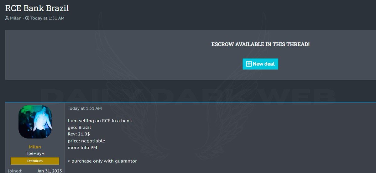 DailyDarkWeb's tweet photo. #Brazil 🇧🇷 - Allegedly, RCE vulnerability for a Brazilian bank is on sale

According to the information given by the threat actor, the bank appears to be Caixa.

#DarkWeb #rce https://t.co/RIckYmbUcL