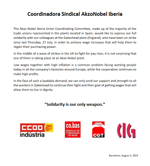 TrabajTitanAkzo's tweet photo. From the unions w/most representation in @AkzoNobel Spain, would like to transmit our solidarity to our colleagues in Gateshead plant in UK, on strike since last Thursday, fighting for a pay rise to get fair wages to allow them to live w/dignity.
You are an example to all of us💪 https://t.co/gTUWOUjGuU