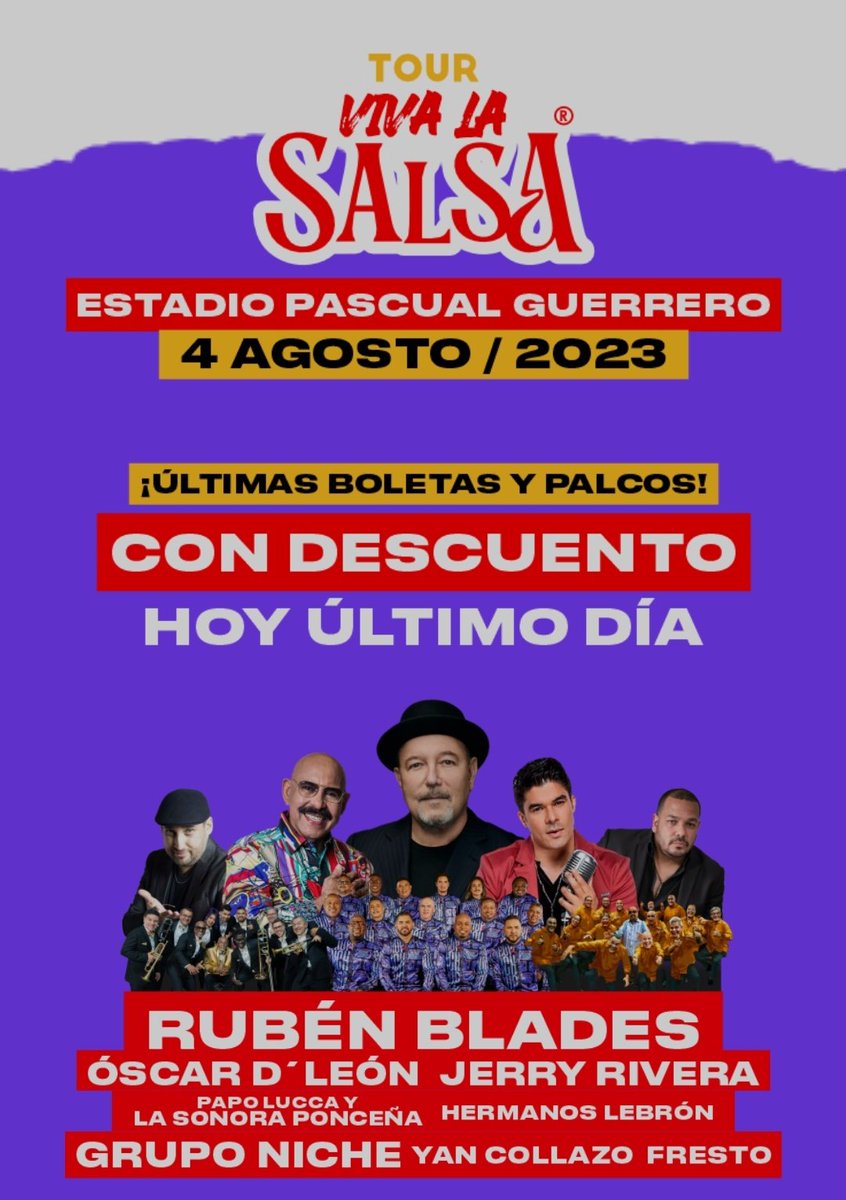 SergioStevenCFH's tweet photo. Vendo boleta localidad Oriental para Viva la Salsa #Cali mañana 4 de agosto #salsa info por DM
@rubenblades @gruponiche @sonoraponcena1 @OscarDLeon #LebronBrothers #Yancollazo #Fresto https://t.co/b0QH9Sd0Mn