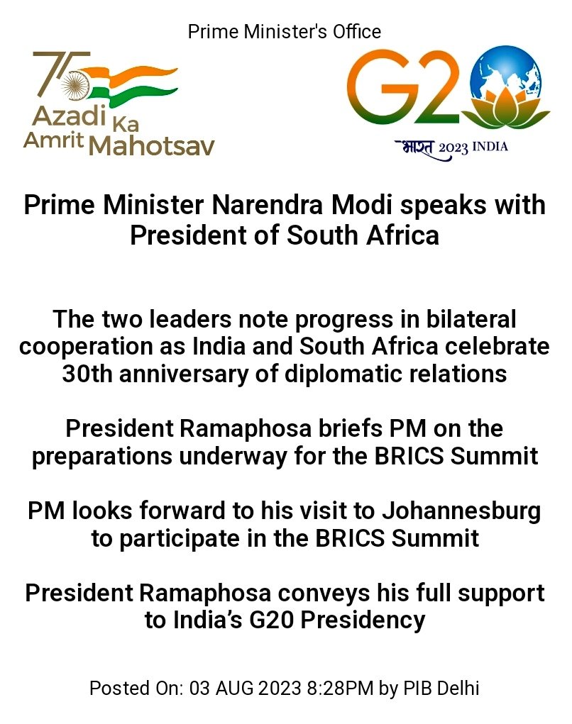 sidhant's tweet photo. PM Modi, South Africa President Ramaphosa hold telephonic talks
-PM Modi confirms his participation at BRICS summit in Johannesburg
-Prez Ramaphosa briefs PM Modi on BRICS summit preparations
India Readout: https://t.co/uIxEER4ALC