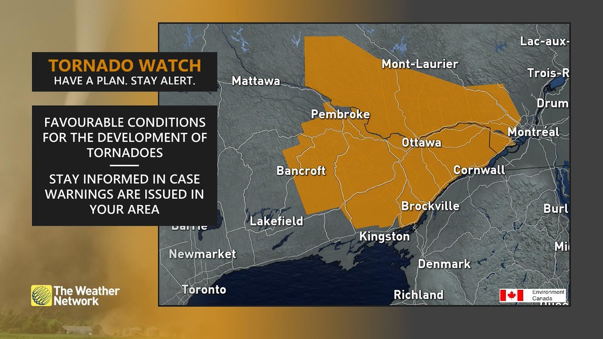Nadine Powell TWN (@nadinehp4) on Twitter photo Tornado Watch issued for Ottawa North - Kanata - Orleans. Conditions are favourable for the development of severe t-storms that could produce a tornado. Other hazards: gusts up to 100 km/h, up to golf ball size hail, localized heavy rain. #ONStorm #Onwx <a href="/weathernetwork/">The Weather Network</a> Tornado Watch issued for Ottawa North - Kanata - Orleans. Conditions are favourable for the development of severe t-storms that could produce a tornado. Other hazards: gusts up to 100 km/h, up to golf ball size hail, localized heavy rain. #ONStorm #Onwx <a href="/weathernetwork/">The Weather Network</a>