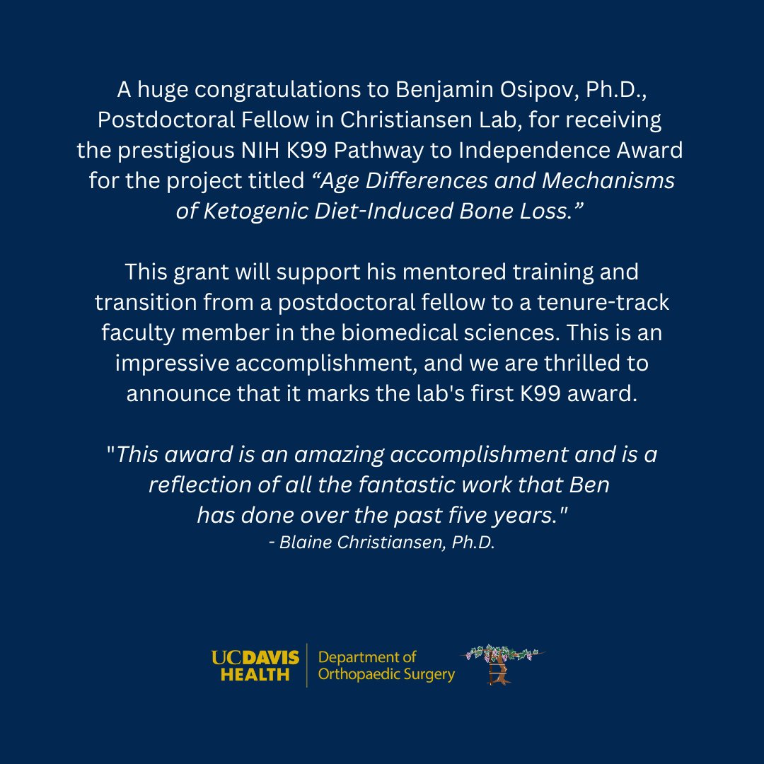 UC Davis Department of Orthopaedic Surgery (@ucdavisortho) on Twitter photo Congratulations to @ChristiansenLab and <a href="/benosipov1/">Benjamin Osipov</a> for this outstanding achievement.
<a href="/UCDavisHealth/">UC Davis Health</a> <a href="/UCDavisBME/">UC Davis Biomedical Engineering</a> <a href="/UCDavisMedCntr/">UC Davis Med Center</a> <a href="/UCDavisResearch/">UC Davis Research</a> <a href="/NIH/">NIH</a> Congratulations to @ChristiansenLab and <a href="/benosipov1/">Benjamin Osipov</a> for this outstanding achievement.
<a href="/UCDavisHealth/">UC Davis Health</a> <a href="/UCDavisBME/">UC Davis Biomedical Engineering</a> <a href="/UCDavisMedCntr/">UC Davis Med Center</a> <a href="/UCDavisResearch/">UC Davis Research</a> <a href="/NIH/">NIH</a>