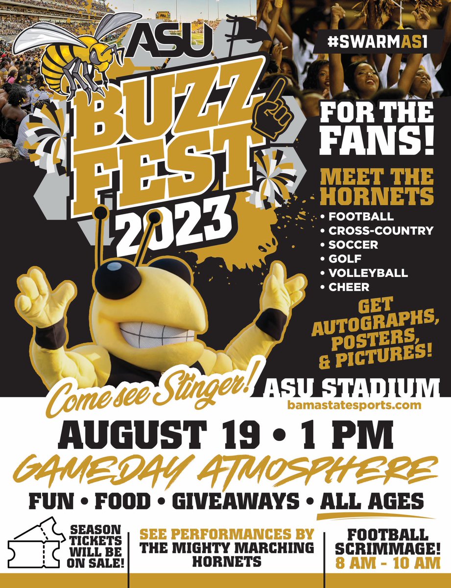 BamaStateSports's tweet photo. ASU BUZZ FEST 2023 is the place to be on AUGUST 19‼️
Trust us you don’t want to miss this 😏
#SWARMAS1 | #ASUBuzzFest https://t.co/szL57H1vC4