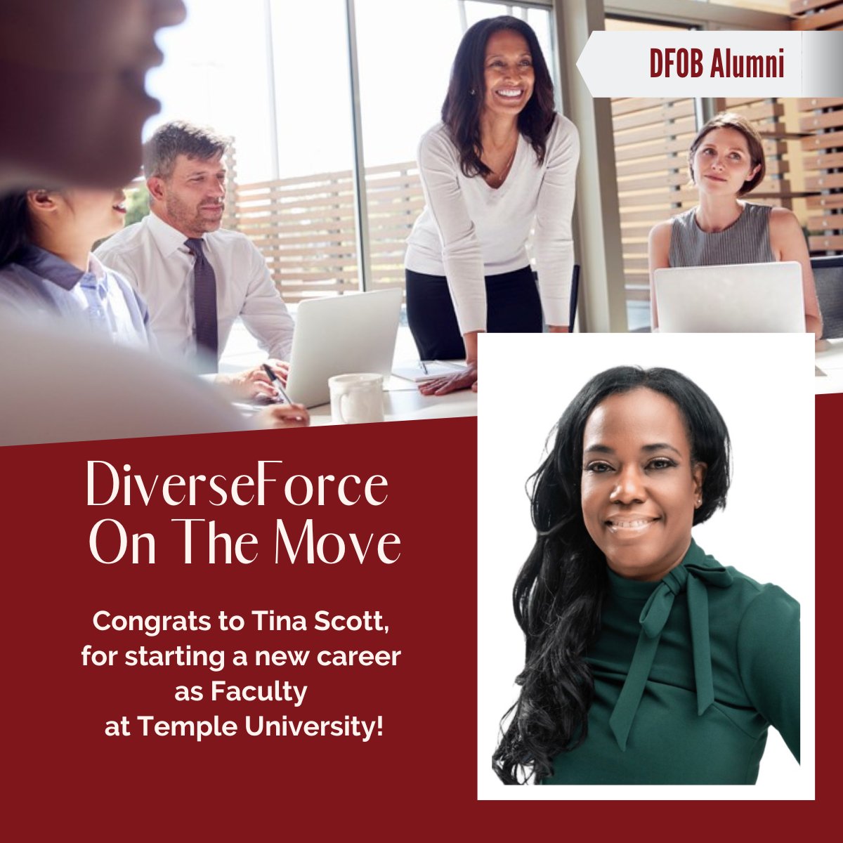Congrats to Tina Scott, for starting a new career as Faculty at Temple University! #diverseforce, #diverseforceonboards