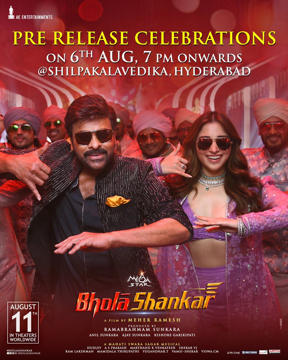 It's time for the <a href="/AKentsOfficial/">AK Entertainments</a> MEGA celebrations 😎🤘

 #BholaaShankar 🔱
Pre-Release event on August 6th @ Shilpakalavedika, Hyd 7PM onwards 

Mega 🌟 <a href="/KChiruTweets/">Chiranjeevi Konidela</a> 
A film by <a href="/MeherRamesh/">Meher Raamesh</a> <a href="/AnilSunkara1/">Anil Sunkara</a> <a href="/tamannaahspeaks/">Tamannaah Bhatia</a> <a href="/KeerthyOfficial/">Keerthy Suresh</a> <a href="/iamSushanthA/">Sushanth A</a> <a href="/SagarMahati/">Mahati Swara Sagar</a> <a href="/adityamusic/">Aditya Music</a>