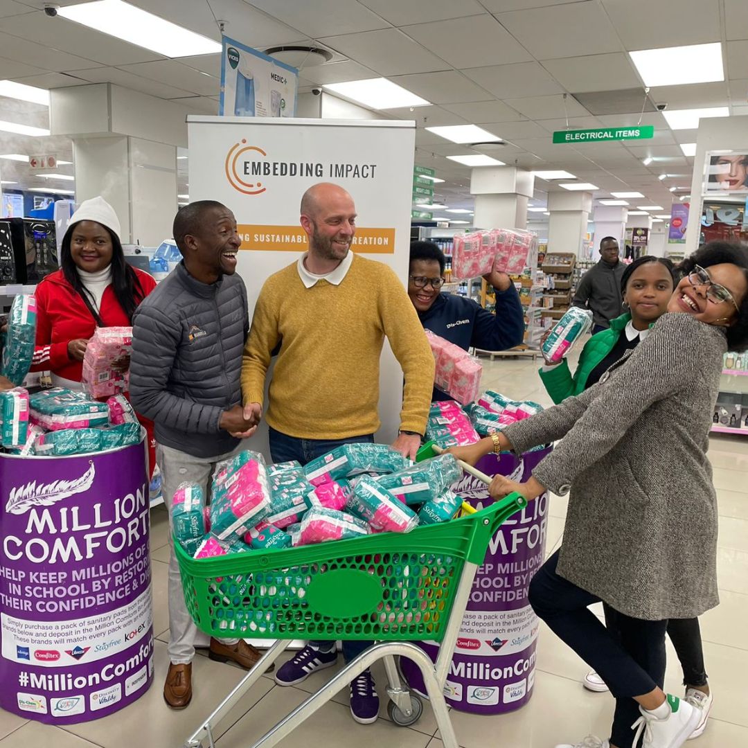 Caring4Girls's tweet photo. A big thank you to Embedding Impact, our donor partner for women's day, for supporting the #MillionComforts campaign. Head to your nearest Dis-Chem store, purchase sanitary towels in support of keeping girl children in school. #KeepingTheGirlChildInSchool #DisChemFoundation https://t.co/01WuVgsazr