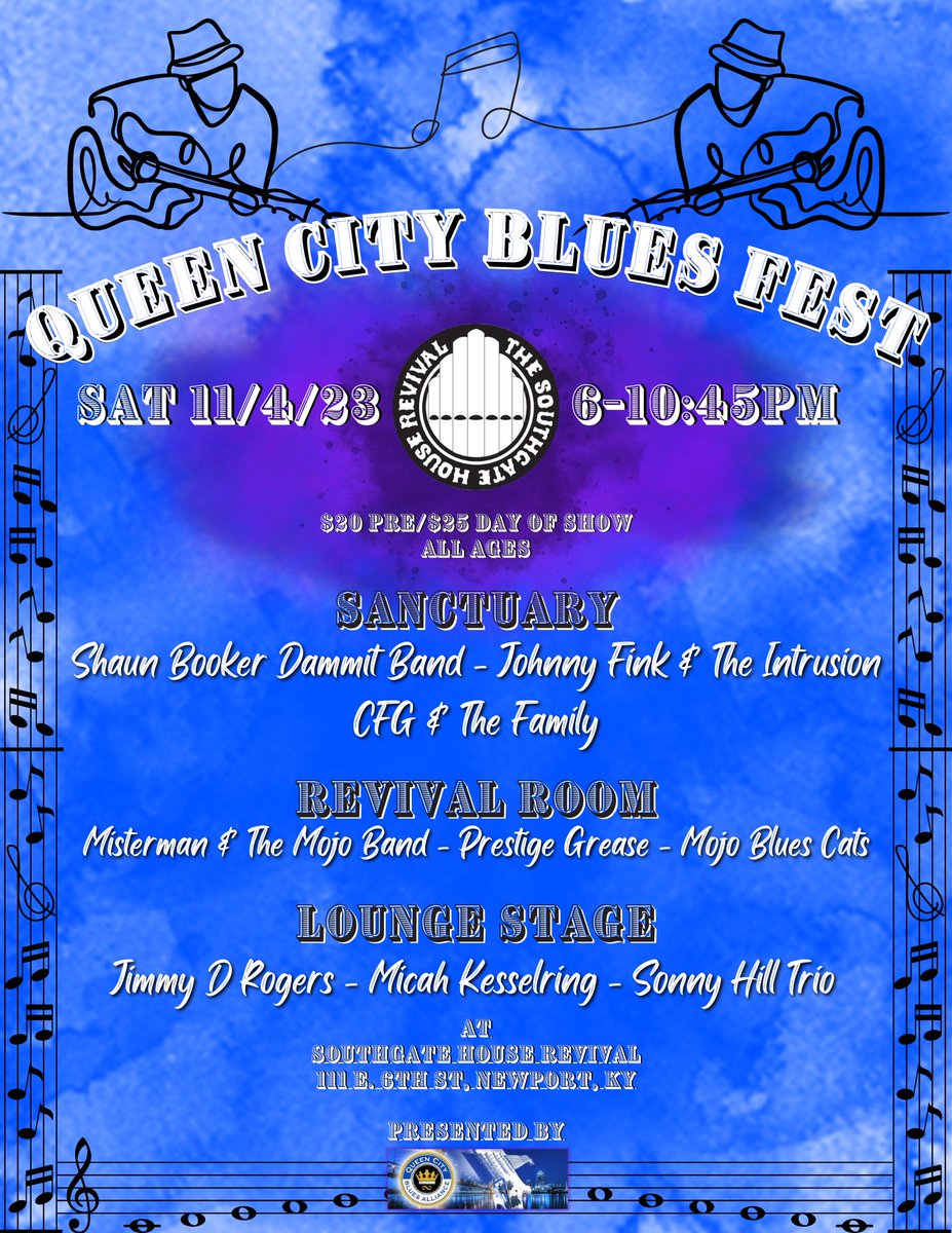 The Queen City Blues Alliance (501c3) is proud to present their 3rd annual Queen City Fest featuring 9 of the best acts the region has to offer. Please join us at the Southgate House Revival on 11/4 for a Night of Rock n’ blues spread out across 3 stages.
