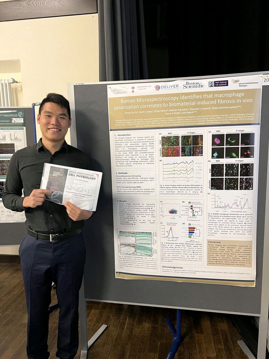 gduffy00's tweet photo. Big congrats to @deliver_project ESR @ChuanEnLu1 who passed his PhD viva! He completed his Type 1 diabetes focussed project working in @schenkelayland lab, our lab &amp; @bostonsci. He applied Raman Microspectroscopy to understand the foreign body response to cell + device implants🍾 https://t.co/m3bnc04SJc