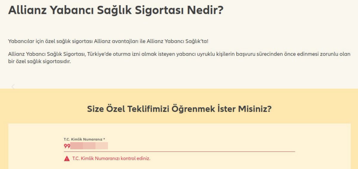 Yabancılar için sağlık sigortası iyi fikir gibi duruyor @AllianzTurkiye. Yalnız ufak bir sorun var, form yabancı kimlik numarasını kabul edilmiyor? 😆